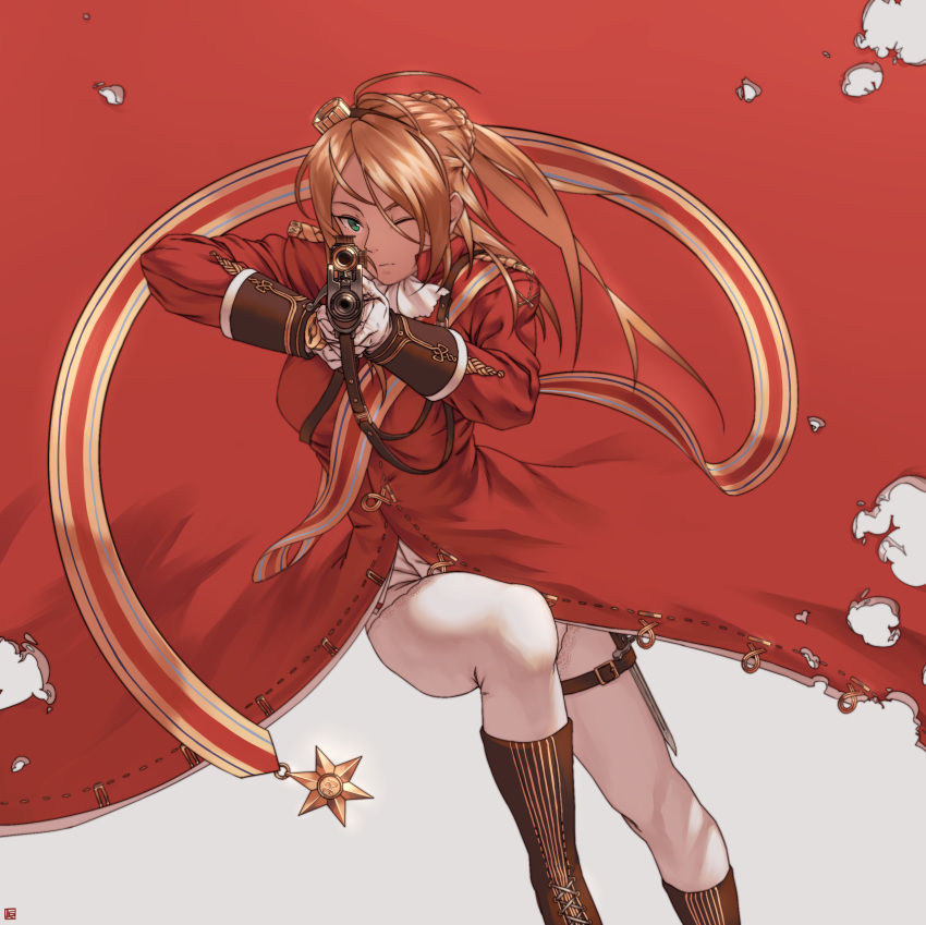 1girl absurdres bangs boots braid breasts brown_footwear brown_hair coat french_braid girls_frontline gloves green_eyes gun hair_ornament highres holding knee_boots large_breasts lee-enfield lee-enfield_(girls_frontline) long_hair looking_at_viewer pants red_coat rifle simple_background solo uniform weapon white_gloves white_pants yan_wan