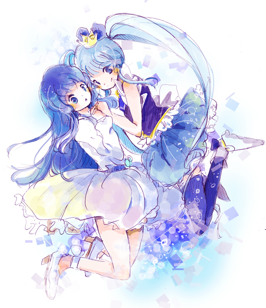 bad_id bad_pixiv_id blue_eyes blue_hair blue_legwear blue_skirt boots crown cure_princess dress dual_persona earrings eyelashes hair_ornament hair_ribbon happinesscharge_precure! happy high_heels highres ichitaro jewelry long_hair looking_at_viewer magical_girl multiple_girls precure ribbon shirayuki_hime shirt shoes sketch skirt smile thighhighs thighs twintails white_dress zettai_ryouiki