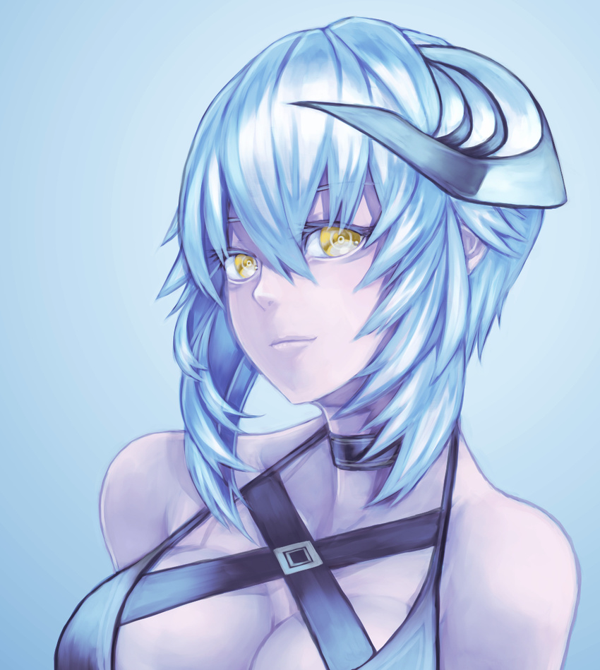 bad_id bad_pixiv_id bare_shoulders blue_hair breasts choker cleavage face horns large_breasts mstm original short_hair sidelocks solo upper_body yellow_eyes