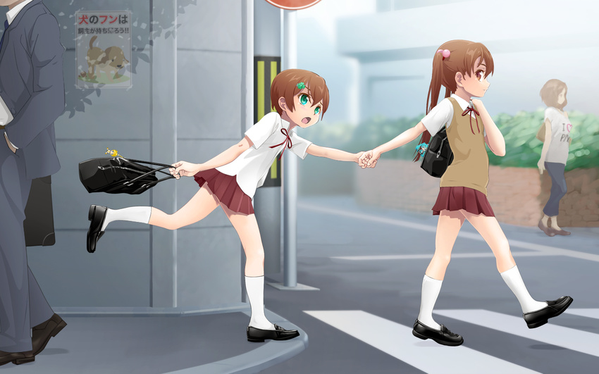 2girls androgynous bag blush brother_and_sister brown_eyes brown_hair commentary_request crossdressing green_eyes hachune_miku hair_ornament hairclip highres keychain kneehighs looking_at_another looking_back multiple_boys multiple_girls open_mouth original otoko_no_ko running school_bag school_uniform short_hair siblings skirt translation_request twintails yuki18r