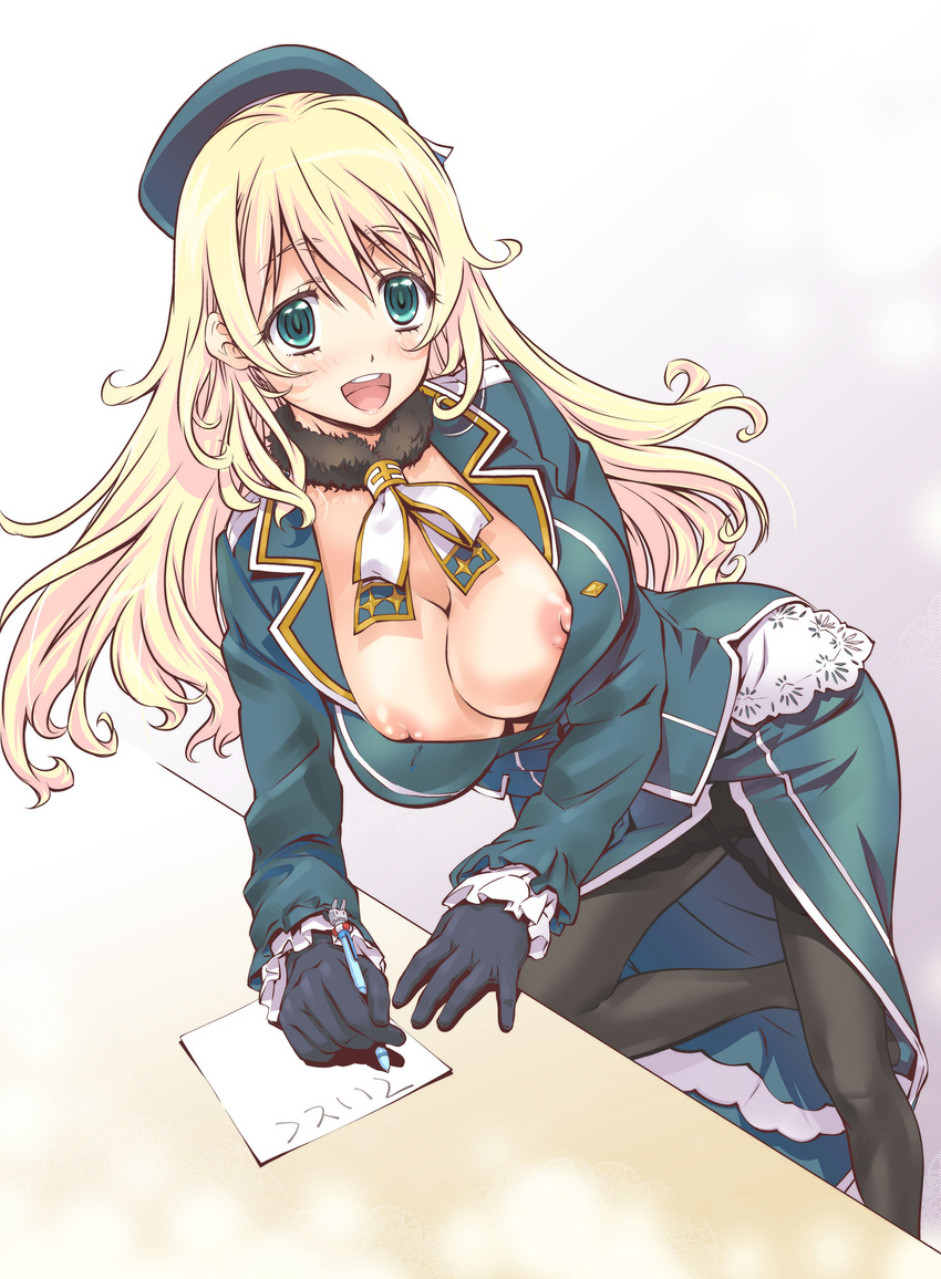 absurdres atago_(kantai_collection) black_gloves blonde_hair blush breasts gloves green_eyes hat highres kantai_collection large_breasts letter long_hair looking_at_viewer military military_uniform nipple_slip nipples open_clothes open_mouth open_shirt pantyhose pencil shirt smile solo suzuki24 uniform writing