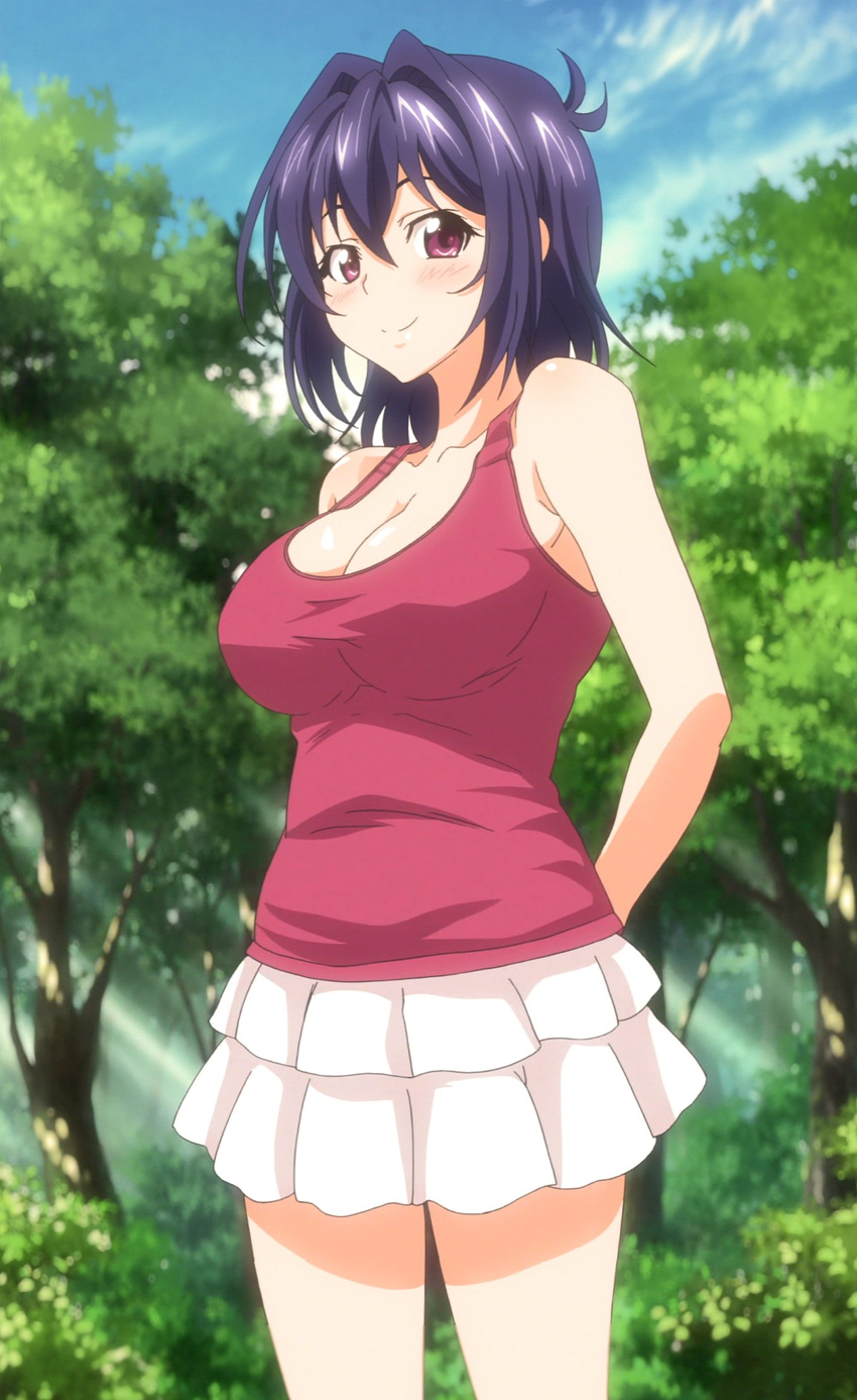 1girl arm_behind_back bare_shoulders blush body_blush breasts cleavage cloud female hair_between_eyes hair_intakes highres large_breasts layered_skirt long_image looking_at_viewer maken-ki! nijou_aki outdoors purple_hair red_eyes screencap shiny shiny_hair shiny_skin short_hair skirt sky smile solo standing takami_akio tall_image tank_top thigh_gap tree younger