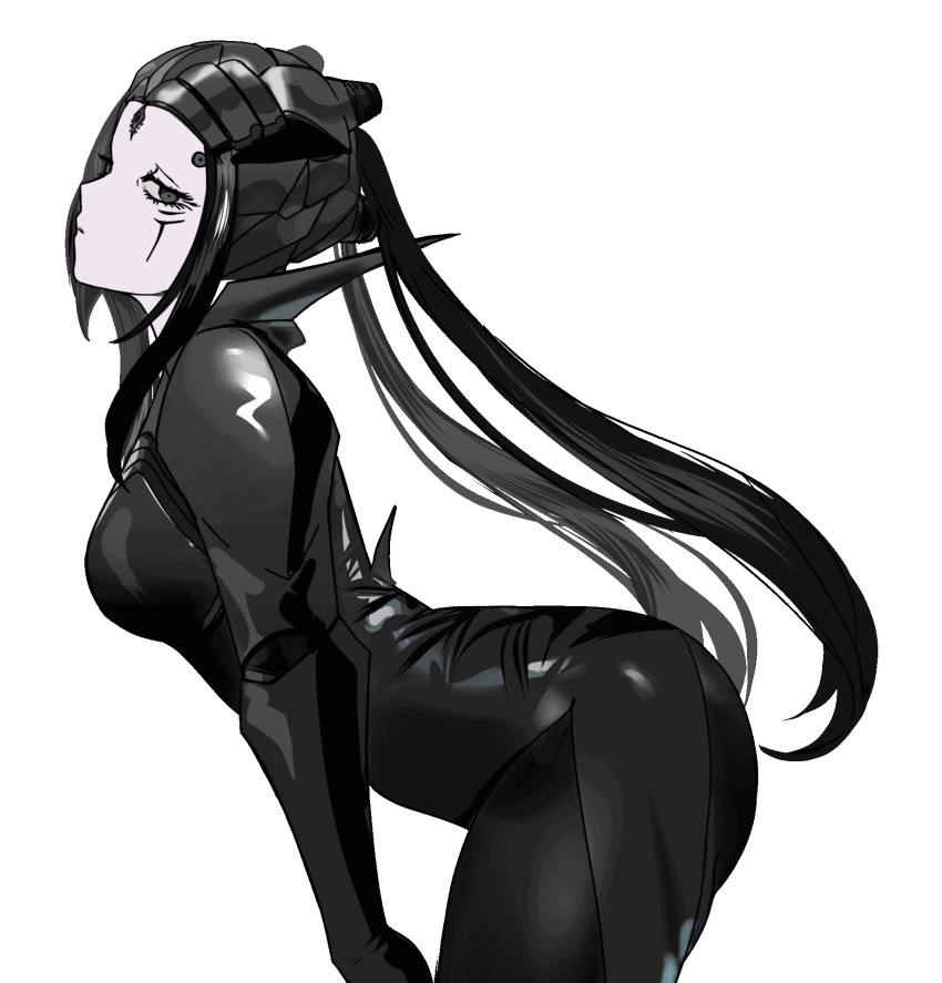 1girl animated animated_gif artist_request ass_shake black_bodysuit black_eyes black_hair blame! bodysuit breasts check_artist expressionless highres long_hair looking_at_viewer mechanical_hair medium_breasts pale_skin pcell silicon_creature_(blame!) solo tagme transparent_background twerking usergore