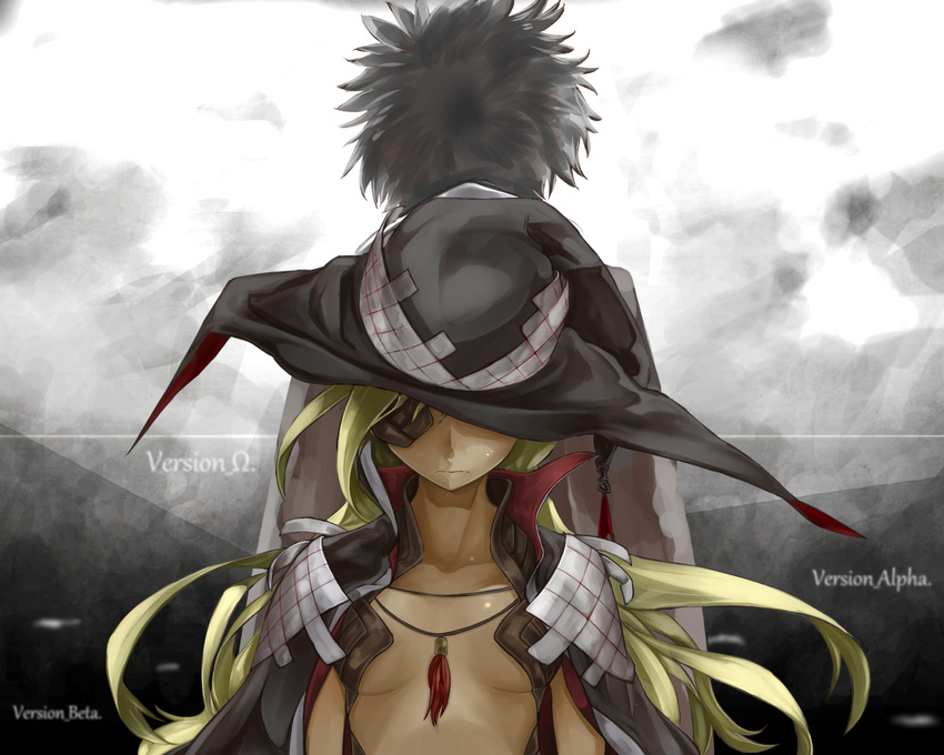 1girl back-to-back between_breasts black_hair blonde_hair breasts cape eyepatch hat hat_over_one_eye hidden_eyes highres kamijou_touma long_hair othinus small_breasts to6_l to_aru_majutsu_no_index to_aru_majutsu_no_index:_new_testament witch_hat