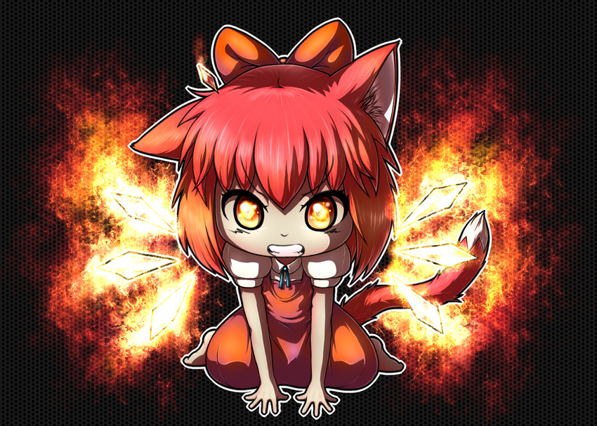 achi_cirno alternate_color alternate_element animal_ears arm_support bad_id bad_pixiv_id black_background bow cat_ears cat_tail cirno clenched_teeth dress fiery_wings glowing glowing_eyes hair_bow kemonomimi_mode l_(negaeru) patterned_background red_hair short_sleeves sitting solo tail teeth touhou wariza wings