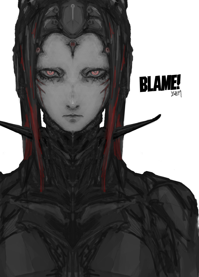 1girl absurdres black_bodysuit black_hair blame! bodysuit breasts facial_mark high_collar highres long_hair looking_at_viewer medium_breasts pale_skin pcell red_eyes serious silicon_creature_(blame!) simple_background skin_tight solo tumubar117