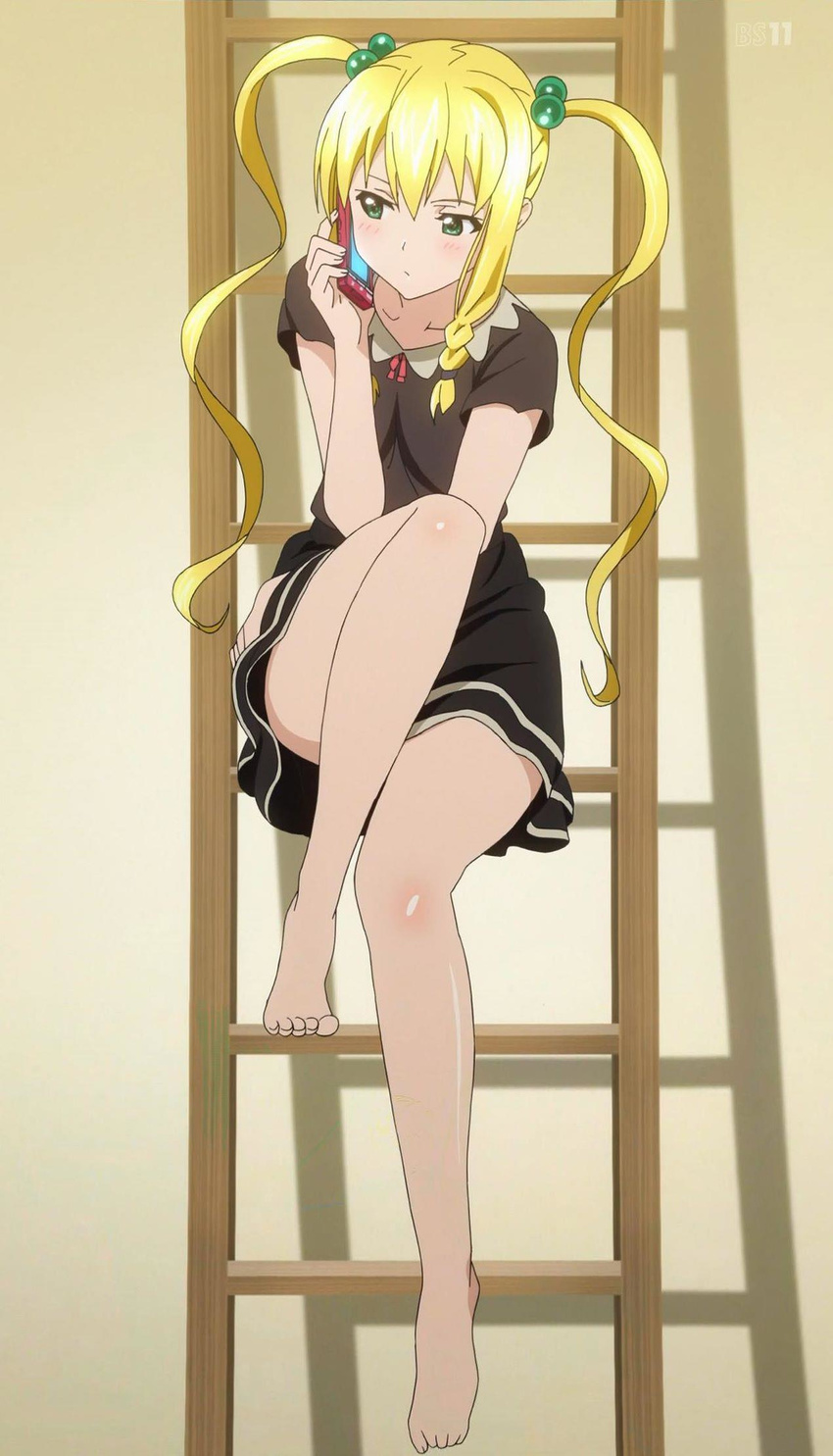 1girl bare_legs barefoot blonde_hair blush body_blush cellphone convenient_leg dress feet female green_eyes hair_between_eyes hair_bobbles hair_ornament himegami_kodama holding indoors jpeg_artifacts ladder legs long_hair long_image looking_away maken-ki! phone screencap shadow shiny shiny_skin sitting skirt solo tall_image toes twintails