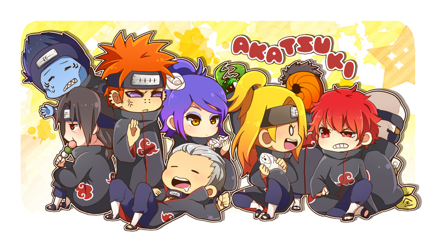 akatsuki_(naruto) azu_(kirara310) black_hair blonde_hair blue_hair deidara everyone forehead_protector hands hidan highres hoshigaki_kisame kakuzu konan konohagakure_symbol mask multiple_boys naruto naruto_shippuuden orange_hair pain_(naruto) purple_eyes red_eyes red_hair rinnegan sasori tobi uchiha_itachi yellow_eyes zetsu