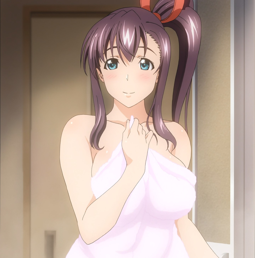 1girl amaya_haruko aqua_eyes blush breasts large_breasts long_hair looking_at_viewer maken-ki! ponytail purple_hair screencap smile towel