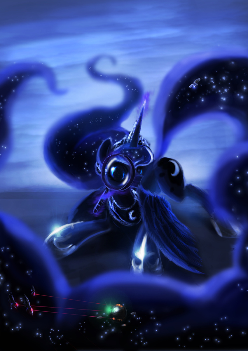 alien beam blue_eyes crown cutie_mark enterprise equine female friendship_is_magic glowing horn horse magic magnifying_glass mammal mass_effect moon my_little_pony necklace oblomos pony princess_luna_(mlp) quarian reaper reapers space spacecraft sparkles sphere standing star_trek stars uss_enterprise winged_unicorn wings zolombo