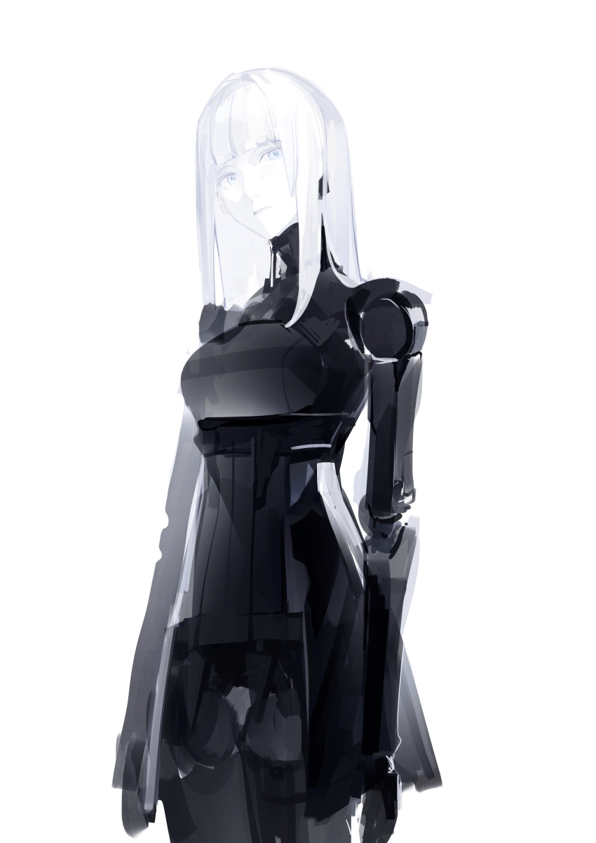 1girl absurdres blame! blue_eyes blunt_bangs cibo commentary_request cowboy_shot cyborg expressionless hair_intakes highres joints looking_at_viewer mechanical_arms meru02295238 mismatched_arms robot_joints sideways_glance simple_background solo straight_hair white_background white_hair