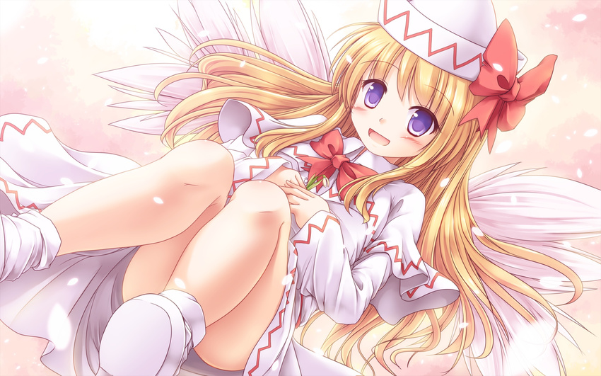 blonde_hair bow convenient_leg dress hat highres lily_white long_hair looking_at_viewer lzh open_mouth purple_eyes smile solo touhou wings