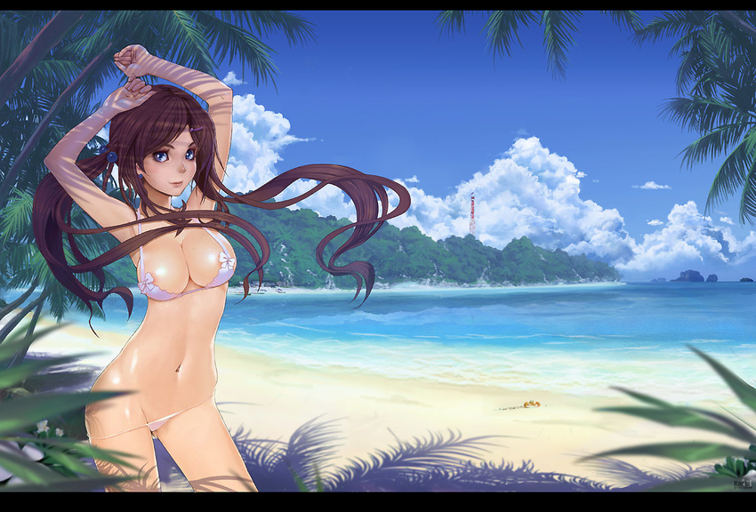 arms_up beach bikini blue_eyes blurry breasts brown_hair cleavage cloud crab day depth_of_field hair_ornament karanak large_breasts letterboxed lips long_hair navel original outdoors palm_tree panties panty_pull revision scenery sky solo swimsuit tree twintails underwear water