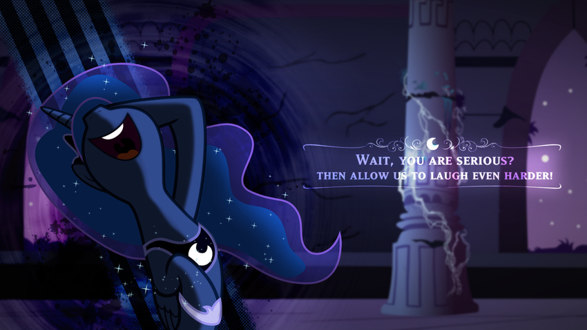 blue_hair equine female friendship_is_magic fur futurama hair horn horse invalid_background laugh mammal model_sheet my_little_pony pony princess_luna_(mlp) quote ruins smokeybacon solo tamalesyatole throne_room vector video_games wallpaper winged_unicorn wings