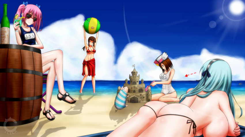 4girls artist_request ball barrel beach blue_sky bottle breasts capcom cilica circa_(monster_hunter) cloud flora_(monster_hunter) frau_(monster_hunter) monster_hunter monster_hunter_frontier multiple_girls natasha_(monster_hunter) pink_hair poogie rioduo_(armor) sand_castle sand_sculpture school_swimsuit sky swimsuit thong topless twintails white_school_swimsuit white_swimsuit