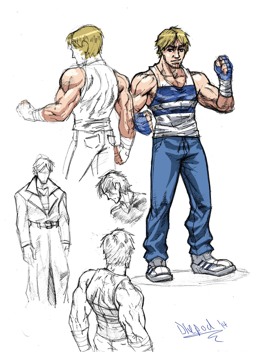 blonde_hair character_sheet cody_travers collage denim diepod facial_hair final_fight fingerless_gloves gloves highres jeans muscle pants solo street_fighter striped stubble tank_top trench_coat