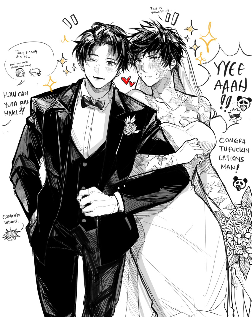 2girls 5boys alternate_costume animal blush bouquet bow bowtie bridal_veil character_request check_character chibi commentary couple dress english_commentary english_text fushiguro_megumi gojou_satoru greyscale heart hetero highres holding holding_bouquet itadori_yuuji jujutsu_kaisen kugisaki_nobara locked_arms long_sleeves monochrome multiple_boys multiple_girls muscular muscular_female okkotsu_yuuta one_eye_closed panda panda_(jujutsu_kaisen) pants partially_colored qeanoya scar scar_on_face smile speech_bubble suit veil wedding wedding_dress zen'in_maki