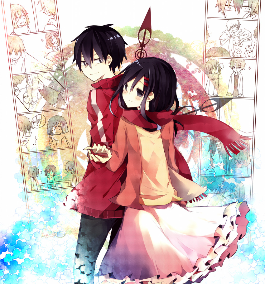 1girl bad_id bad_pixiv_id black_hair blanket blush couple enomoto_takane fringe_trim hair_ornament hairclip hetero highres hood hoodie hug kagerou_project kano_shuuya kido_tsubomi kisaragi_shintarou long_hair looking_at_another red_scarf scarf seto_kousuke short_hair smile tateyama_ayano toto_(0morc0)