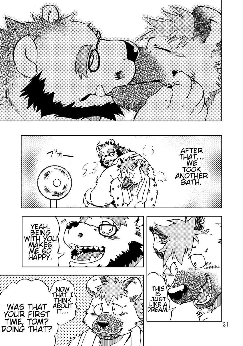 anthro bear beard chubby comic dialog ena_(kumagaya) english_text eyewear facial_hair gay glasses greyscale hyena japanese_text kissing kumagaya_shin male mammal mechanic monochrome text tom_(kumagaya) translated