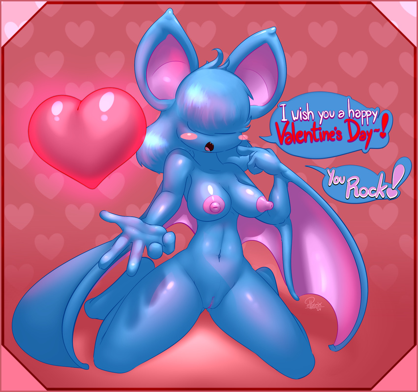 &lt;3 2014 5_fingers anthro anthrofied bangs bangs_(character) barefoot bat big_ears big_nipples blush breasts dialog elpatrixf english_text female hair happy hi_res holidays long_hair mammal navel nintendo nipples nude on_floor open_mouth pink_background plain_background pok&#233;mon pok&eacute;mon pussy raised_arm shadow shiny sitting smile solo text tongue valentine's_day valentine's_day video_games winged_arms wings zubat