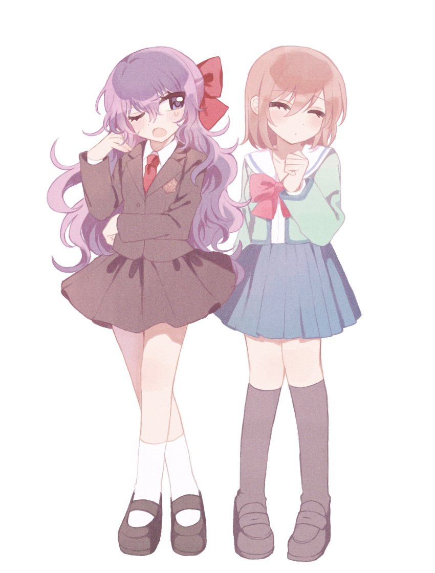 2girls ;o ankle_socks black_jacket black_shoes black_skirt black_socks blazer blue_eyes blue_skirt blush bob_cut bow bowtie brown_hair clenched_hand closed_eyes closed_mouth collared_shirt dot_mouth dot_nose eyelashes film_grain fuji_shuusuke full_body genderswap genderswap_(mtf) green_shirt hair_between_eyes hair_bow half_updo hand_on_own_opposite_hip hand_up highres jacket kneehighs loafers long_hair long_sleeves looking_at_another looking_to_the_side mary_janes miniskirt mizuki_hajime mofulove_cocoa multiple_girls necktie one_eye_closed parted_bangs pleated_skirt purple_hair raised_eyebrows red_bow red_bowtie red_necktie sailor_collar school_uniform serafuku shirt shoes side-by-side simple_background skirt socks standing sweatdrop tennis_no_ouji-sama v-shaped_eyebrows wavy_hair white_background white_shirt white_socks