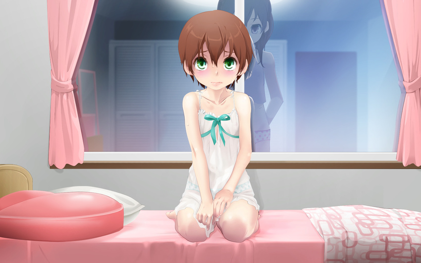 1girl babydoll bare_shoulders bed blanket brother_and_sister brown_hair camisole commentary_request curtains dress flat_chest green_eyes highres indoors looking_at_another looking_at_viewer nipples original otoko_no_ko pajamas panties pillow polka_dot polka_dot_panties pov red_eyes reflection revision seiza siblings sitting sweat underwear white_dress window yuki18r