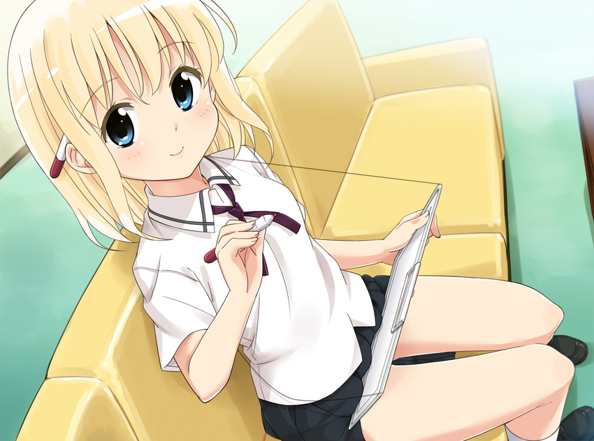 aislinn_wishart behind_ear blonde_hair blue_eyes blush couch drawing_board highres holding loafers looking_at_viewer miniskirt miyamori_school_uniform mousou_(mousou_temporary) pen pleated_skirt ribbon saki school_uniform shirt shoes short_hair sitting skirt smile socks solo white_legwear white_shirt