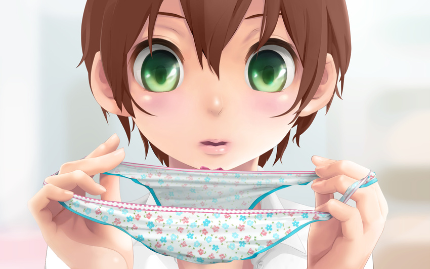:o androgynous blurry blurry_background blush brown_hair close-up collared_shirt commentary_request dress_shirt face green_eyes highres lips looking_at_viewer male_focus open_mouth original panties parted_lips print_panties revision shirt solo underwear white_shirt yuki18r