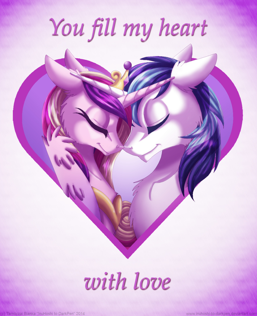 &lt;3 blue_hair couple crown duo english_text equine eyes_closed female friendship_is_magic gold hair holidays horn horse inuhoshi-to-darkpen male mammal multi-colored_hair my_little_pony necklace pony princess_cadance_(mlp) shining_armor_(mlp) text unicorn valentine's_day valentine's_day winged_unicorn wings