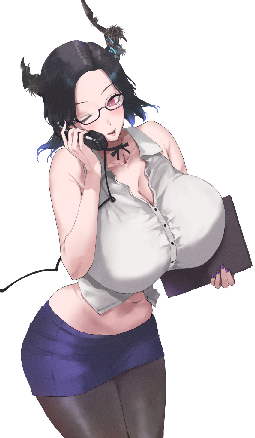 1girl 77vii00 absurdres asymmetrical_horns bad_id bad_twitter_id black_hair black_skirt blue_hair breasts cleavage clipboard colored_inner_hair corded_phone demon_horns dress_suit flower highres holding holding_clipboard holding_phone hololive hololive_english horn_flower horns jewelry large_breasts looking_at_viewer midriff mole mole_under_eye multicolored_hair nerissa_ravencroft nerissa_ravencroft_(casual) office_lady official_alternate_costume official_alternate_hair_length official_alternate_hairstyle one_eye_closed open_mouth pantyhose pencil_skirt phone red_eyes shirt skirt sleeveless sleeveless_shirt soju solo uneven_horns virtual_youtuber white_shirt