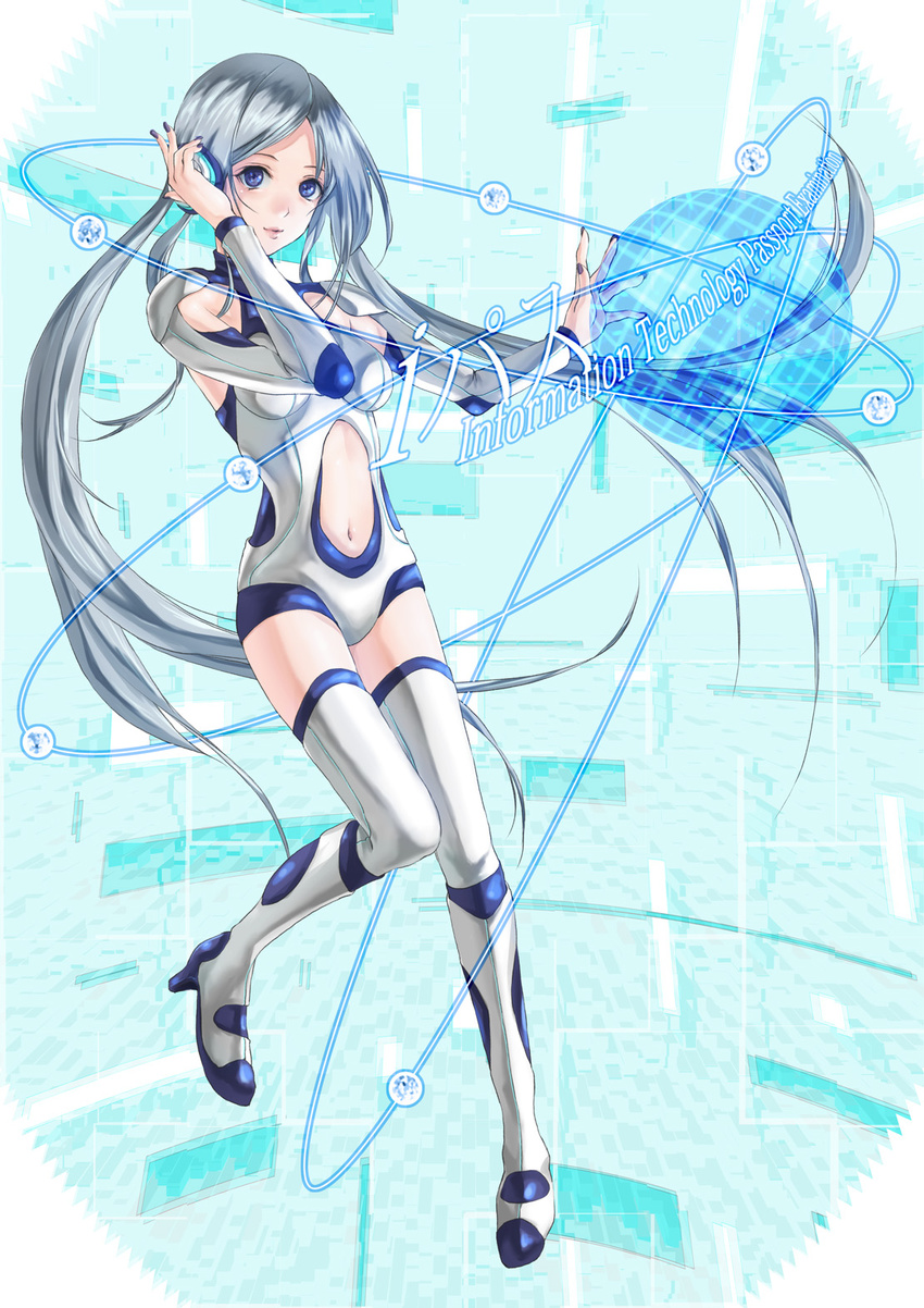 blue_eyes bodysuit commentary_request english floating grey_hair high_heels highres holographic_interface kinoebi knees_together_feet_apart lips long_hair looking_at_viewer navel original solo thighhighs twintails very_long_hair