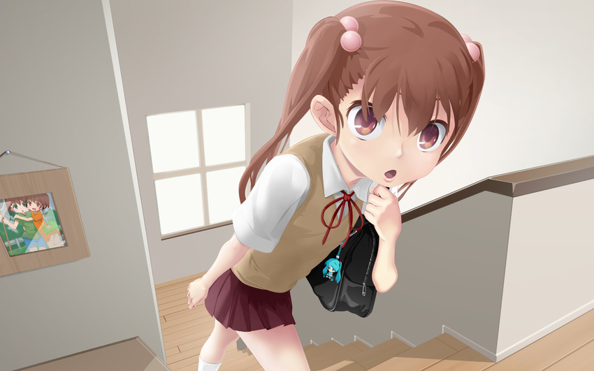 :o blush brother_and_sister brown_hair commentary_request green_eyes hair_bobbles hair_ornament hatsune_miku highres indoors keychain long_hair open_mouth original parted_lips perspective photo_(object) pom_pom_(clothes) railing revision school_uniform siblings skirt solo stairs sweater_vest twintails vocaloid walking window younger yuki18r