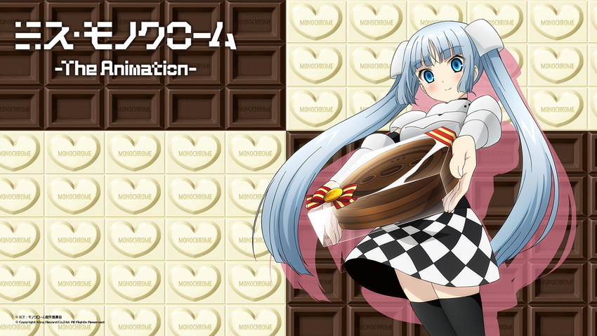 black_legwear blue_eyes blush box checkered checkered_skirt chocolate chocolate_bar copyright_name food gift gift_box hair_ornament highres holding holding_gift incoming_gift light_smile long_hair miss_monochrome miss_monochrome_(character) official_art patterned_background ruu-chan silver_hair skirt thighhighs twintails valentine wallpaper white_chocolate