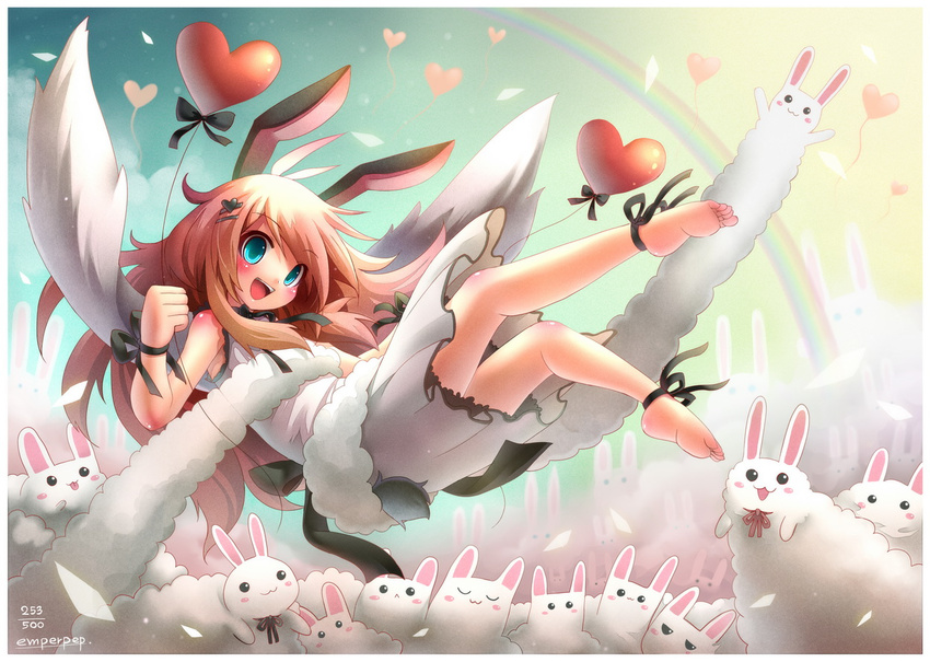 animal_ears balloon barefoot blue_eyes blush brown_hair bunny bunny_ears bunny_tail dress emperpep happy heart heart_balloon long_hair original rainbow ribbon smile solo tail valentine wings