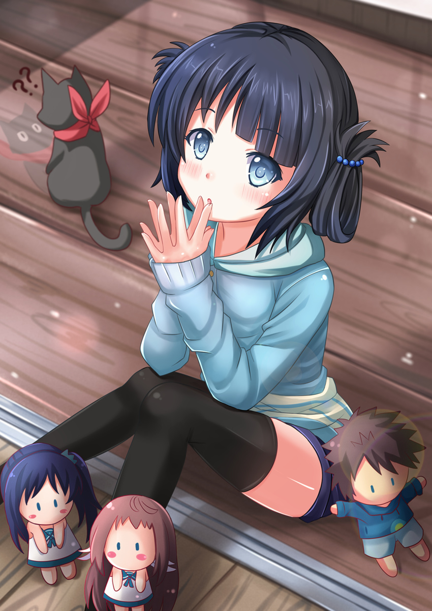 black_hair blue_eyes cat character_doll crossover folded_hair hair_rings hands_together highres hiradaira_chisaki kazenokaze long_hair mukaido_manaka nagi_no_asukara nichijou reflection sakamoto_(nichijou) sakishima_hikari shiodome_miuna shorts sitting thighhighs twintails