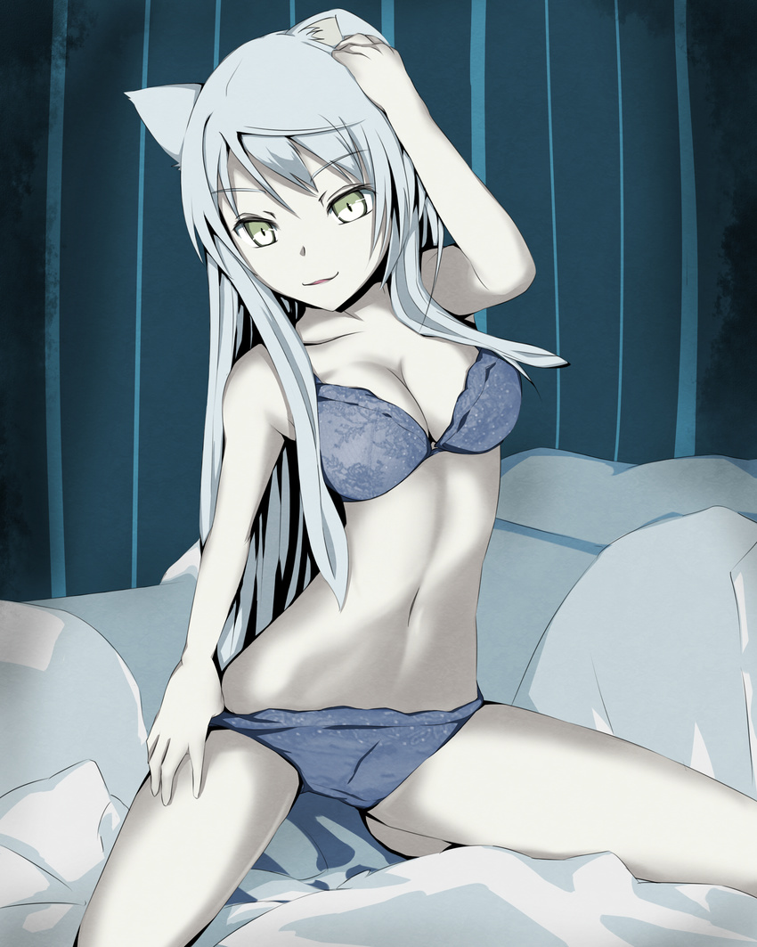 absurdres animal_ears black_hanekawa bra breasts cat_ears cleavage hanekawa_tsubasa highres long_hair medium_breasts monogatari_(series) navel nekomonogatari on_bed pale_skin panties panty_pull pillow silver_hair solo underwear underwear_only yellow_eyes zixuan