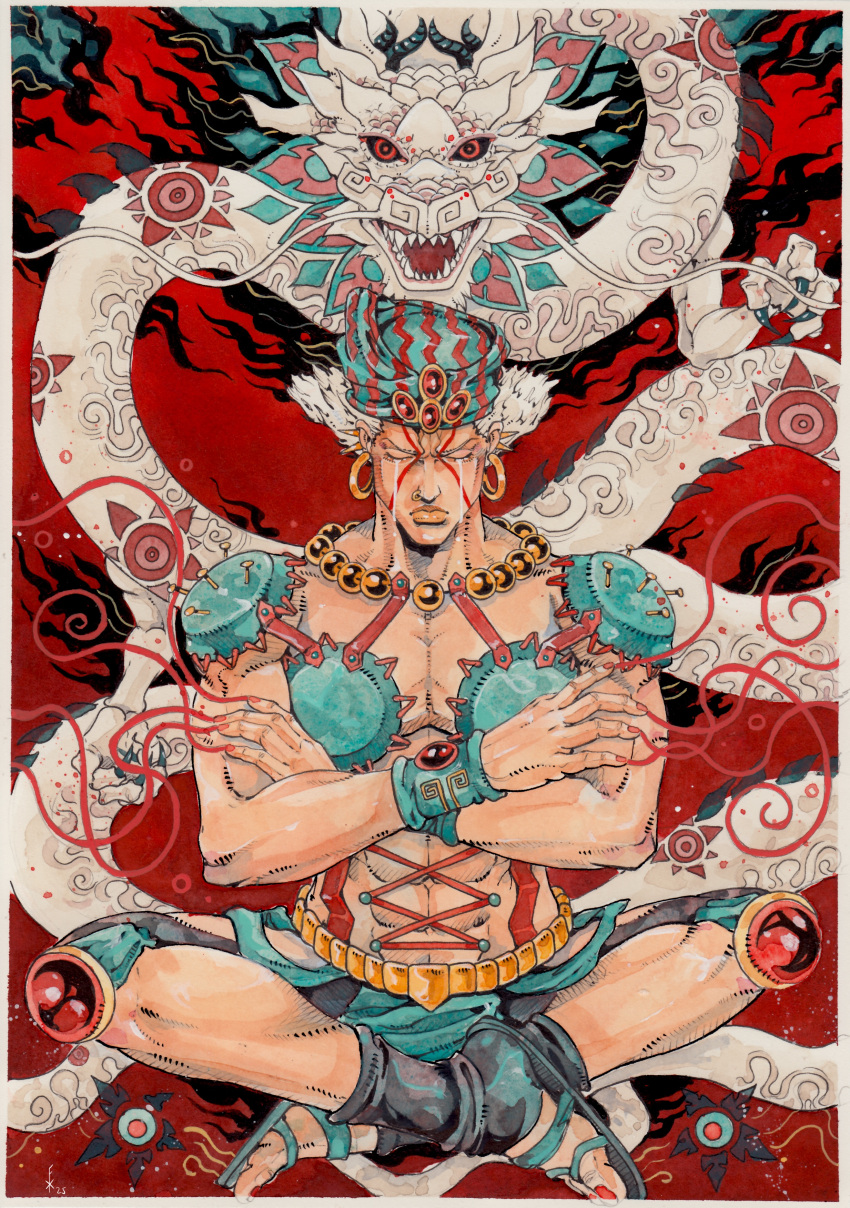 1boy absurdres aqua_hat battle_tendency belt blonde_hair closed_eyes crossed_arms dragon earrings english_commentary esidisi facial_mark hat highres hoop_earrings jewelry jojo_no_kimyou_na_bouken male_focus necklace orange_belt orange_lips painting_(medium) piercing red_eyes red_hat sandals shoulder_pads sitting solo traditional_media two-tone_hat watercolor_(medium) wristband xfkart