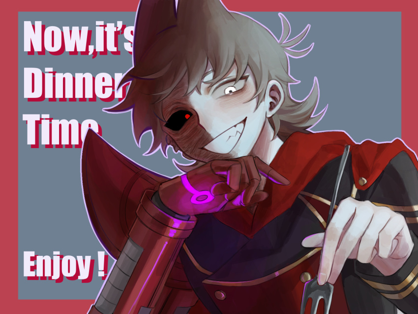 1boy :d antenna_hair black_jacket black_sclera border brown_hair buttons colored_sclera commentary double-breasted eddsworld english_commentary english_text fork future_tord_(eddsworld) glowing glowing_eyes gold_buttons gold_trim grey_background grin hair_behind_ear hair_between_eyes hair_horns hand_on_own_chin heterochromia highres holding holding_fork hood hood_down jacket kafei146 long_sleeves looking_down male_focus mechanical_arms mismatched_sclera outline outside_border pink_outline red_border red_eyes scar scar_on_face short_hair simple_background single_mechanical_arm smile solo swept_bangs tord_(eddsworld) tsurime upper_body white_eyes