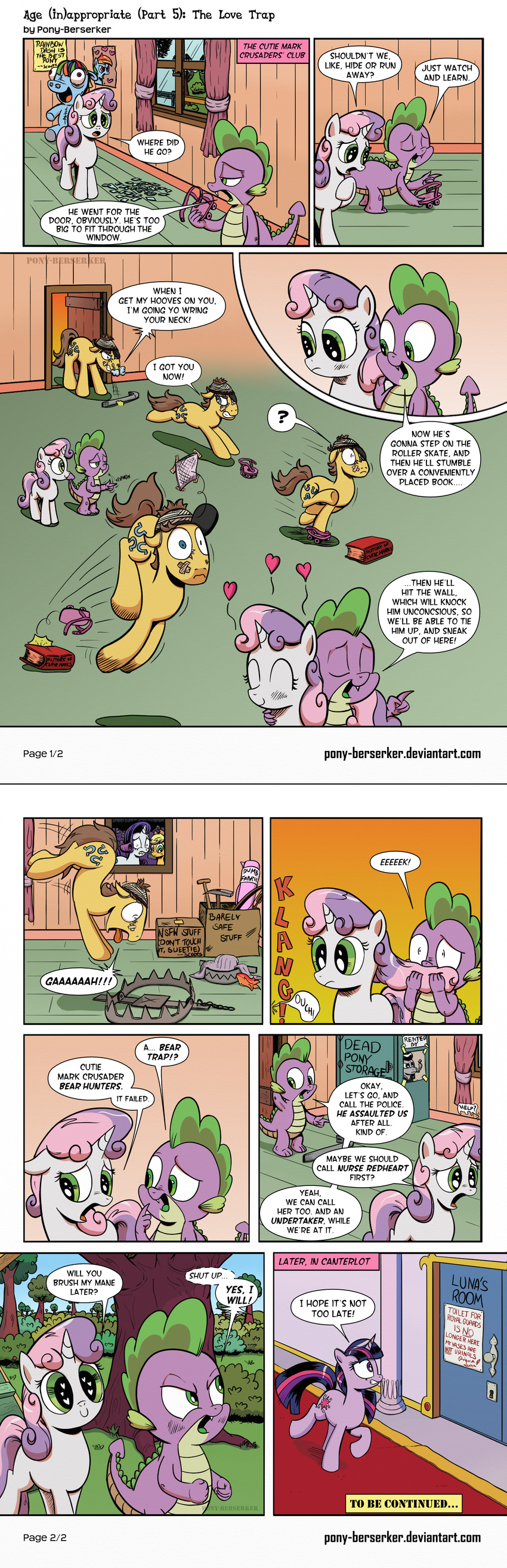 &lt;3 applejack_(mlp) arrow band-aid bandage bear_trap blue_eyes book bow bow_(weapon) bow_and_arrow brown_hair bush caramel_(mlp) comic cowboy_hat cringe cutie_mark dialog dragon english_text equine eye_patch eyewear fangs female friendship_is_magic grass green_eyes hair hat horn horse hug male mammal multi-colored_hair my_little_pony outside pickaxe picture_frame pink_hair pony pony-berserker purple_eyes purple_hair rainbow_dash_(mlp) rainbow_hair ranged_weapon rarity_(mlp) rollerskates spike_(mlp) sweetie_belle_(mlp) text tree twilight_sparkle_(mlp) two_tone_hair unicorn weapon window