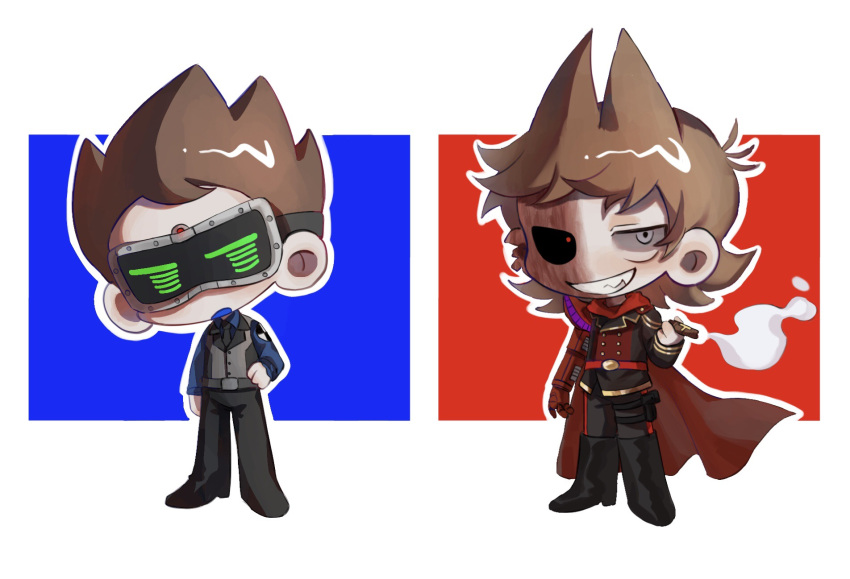 2boys :d :o annoyed antenna_hair belt black_boots black_jacket black_pants black_sclera blue_background blue_shirt boots border brown_hair buttons cape chibi chibi_only chinese_commentary cigarette collared_shirt colored_sclera commentary_request eddsworld full_body future_tom_(eddsworld) future_tord_(eddsworld) gold_buttons gold_trim green_eyes grey_belt grey_eyes grey_vest grin hair_behind_ear hair_horns hand_on_own_hip head-mounted_display heterochromia high_heel_boots high_heels highres holding holding_cigarette hood hood_down jacket jitome kafei146 knee_boots long_sleeves looking_at_viewer male_focus mechanical_arms mismatched_sclera multiple_boys no_eyebrows open_mouth outline outside_border pants red_background red_belt red_cape red_eyes shirt short_hair simple_background single_mechanical_arm smile smoke standing tom_(eddsworld) tord_(eddsworld) very_short_hair vest white_border white_outline