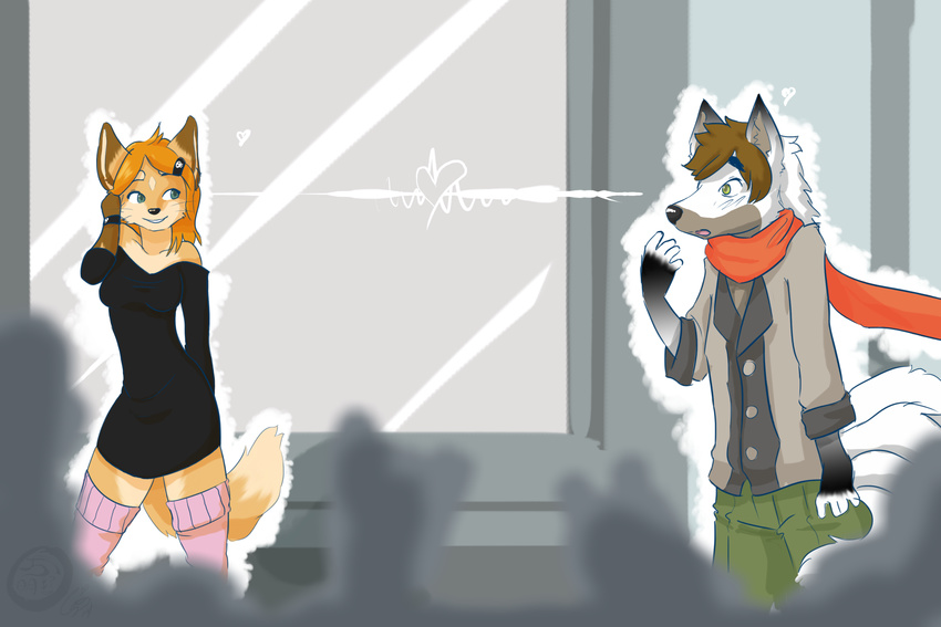 &lt;3 blue_eyes building cainethelongshot canine city clothed clothing crowd female fox glancing green_eyes hair happy holidays jacket love_at_first_sight male mammal marcus open_mouth orange_hair outside pants public scarf skirt smile standing street summer valentine's_day valentine's_day