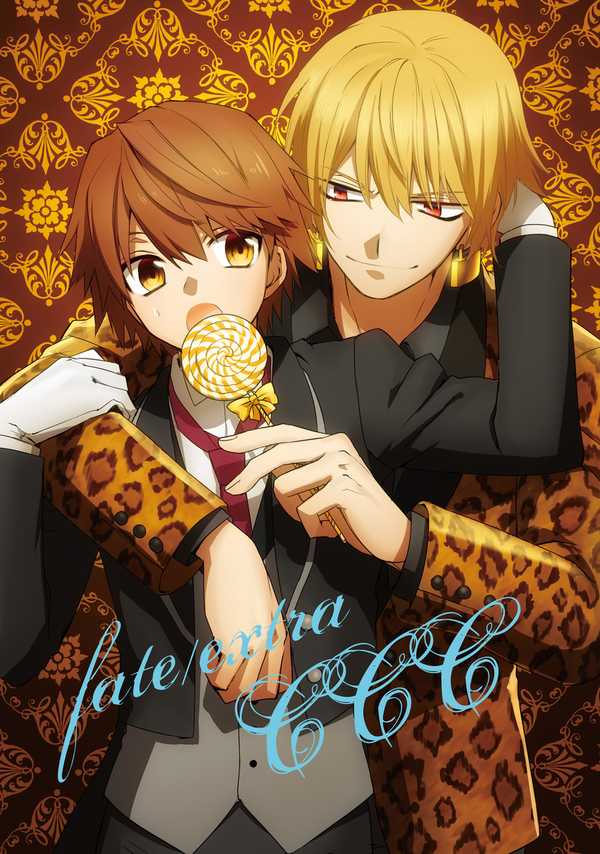 absurdres bad_id bad_pixiv_id blonde_hair brown_eyes brown_hair candy fate/extra fate/extra_ccc fate_(series) food gilgamesh highres kishinami_hakuno_(male) lollipop multiple_boys red_eyes routo