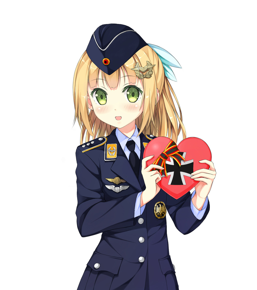 badge black_neckwear blonde_hair blush bow box buttons epaulettes garrison_cap german_flag germany green_eyes hair_bow hair_ornament hairpin hat heart heart-shaped_box highres iron_cross kantoku_(style) long_hair looking_at_viewer military military_uniform necktie original phanc pilot simple_background soldier solo uniform valentine white_background