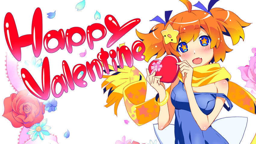 bangle blue_eyes blush bracelet chocolate chocolate_heart fang floral_background flower gift hair_ornament happy_valentine heart highres holding holding_gift jewelry looking_at_viewer one-piece_swimsuit orange_hair petals plim red_flower red_rose rose rose_petals scarf school_swimsuit short_twintails solo star star-shaped_pupils star_hair_ornament strap_slip swimsuit symbol-shaped_pupils twinkle_soft twintails valentine wallpaper watanabe_akio