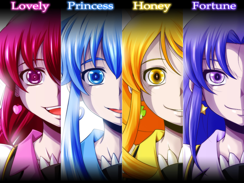 aino_megumi blonde_hair blue_eyes blue_hair character_name crazy_eyes cure_fortune cure_honey cure_lovely cure_princess dress earrings english eyelashes gradient gradient_background happinesscharge_precure! highres hikawa_iona jewelry long_hair looking_at_viewer magical_girl multiple_girls nishi_koutarou oomori_yuuko open_mouth pink_eyes pink_hair ponytail portrait precure puffy_sleeves purple_eyes purple_hair shirayuki_hime shirt sidelocks smile twintails upper_body white_background yellow_eyes