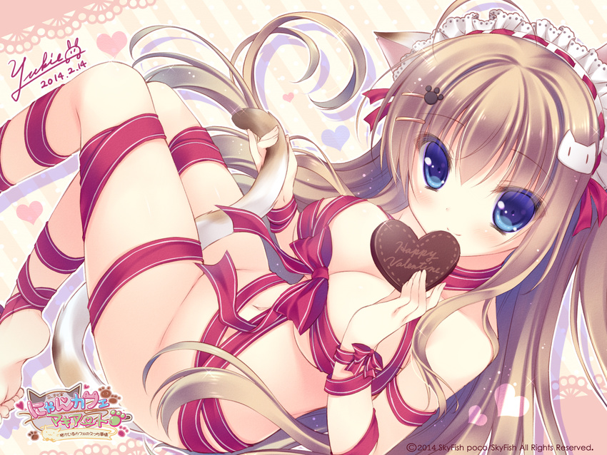 animal_ears artist_name blue_eyes breasts brown_hair cat_ears cat_tail chocolate chocolate_heart dated hair_ornament hairclip happy_valentine heart highres holding_own_tail long_hair maid_headdress medium_breasts naked_ribbon navel nekomori_mike nyan_cafe_macchiato ribbon signature smile solo tail valentine wallpaper yukie_(peach_candy)