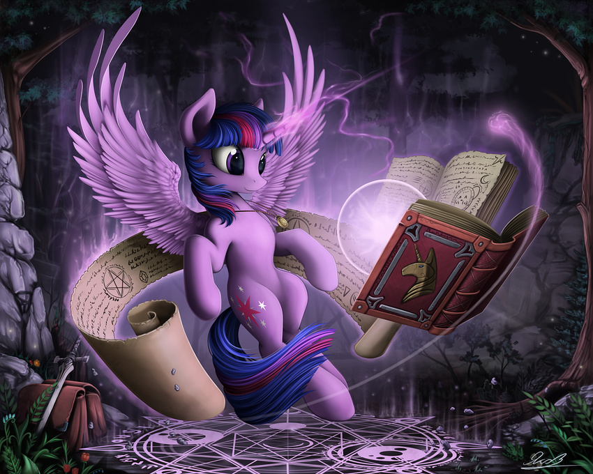 book cutie_mark equine female feral forest friendship_is_magic fur hair hi_res horn horse magic mammal multi-colored_hair my_little_pony pony purple_eyes purple_fur purple_hair rune saddlebag scroll solo sword tree twilight_sparkle_(mlp) weapon winged_unicorn wings yakovlev-vad