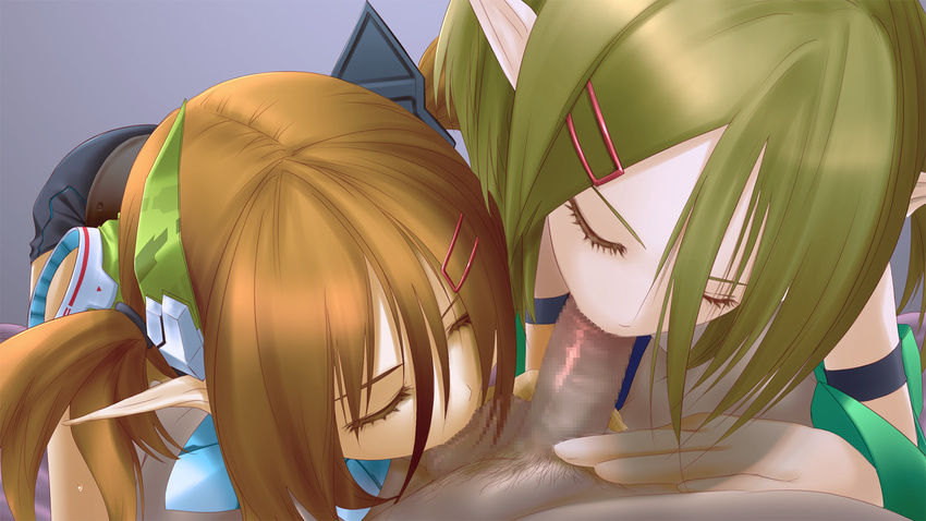 2girls bad_id bad_pixiv_id blush brown_hair censored closed_eyes fellatio ffm_threesome group_sex hair_ornament hairclip hetero highres kawanakajima multiple_fellatio multiple_girls oral patty_(pso2) penis phantasy_star phantasy_star_online_2 pointy_ears short_hair short_ponytail siblings sucking_testicles teamwork threesome tiea twins