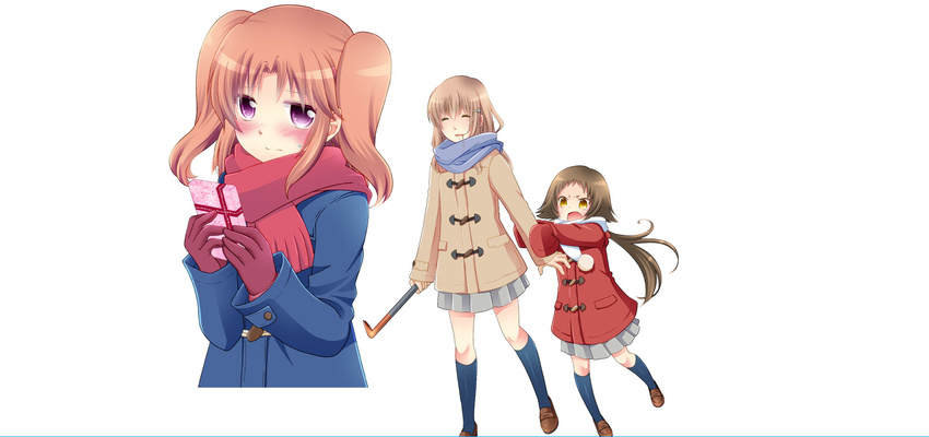 arai_cherry blush box brown_hair coat crowbar gift gift_box hair_in_mouth hair_ornament hairclip kneehighs loafers mikakunin_de_shinkoukei mitsumine_mashiro multiple_girls navy_blue_legwear official_art purple_eyes scarf shoes short_hair_with_long_locks skirt sleeves_past_wrists two_side_up valentine winter_clothes yellow_eyes yonomori_benio yonomori_kobeni