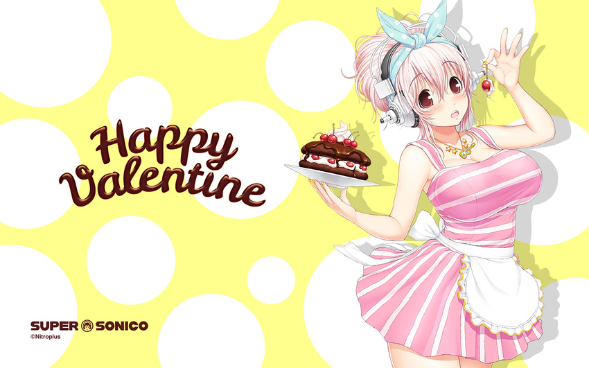 apron bandana blush breasts cake character_name cherry chocolate chocolate_cake cream food fruit happy_valentine headphones highres huge_breasts jewelry looking_at_viewer necklace nitroplus official_art pastry pink_hair plate red_eyes shirt simple_background skirt sleeveless solo striped striped_shirt super_sonico tsuji_santa valentine vertical-striped_skirt vertical_stripes waist_apron waitress wallpaper whipped_cream